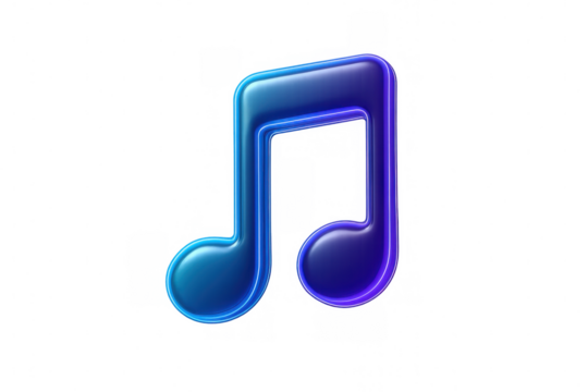 Music notes symbol in a 3d rendering, showing vibrant neon lighting in blue and purple colors on a transparent background