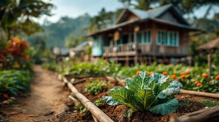A serene garden pathway leads to a rustic wooden house, surrounded by lush greenery and vibrant flowers, creating a peaceful countryside scene.