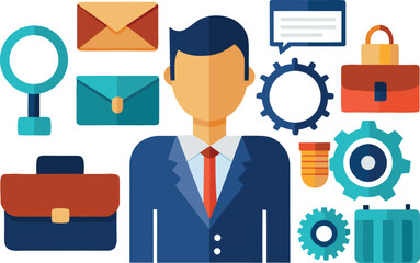 Professional flat design business icons set featuring a businessman, briefcase, gears, speech bubble, envelope and magnifying glass for modern corporate use