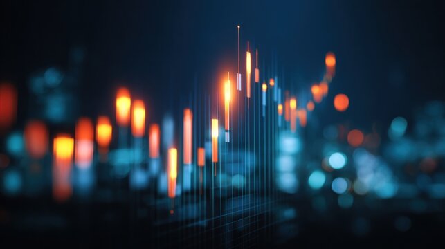 A digital stock market chart with glowing bars shows rising trends against a blurred city background, emphasizing financial analytics and investment growth.