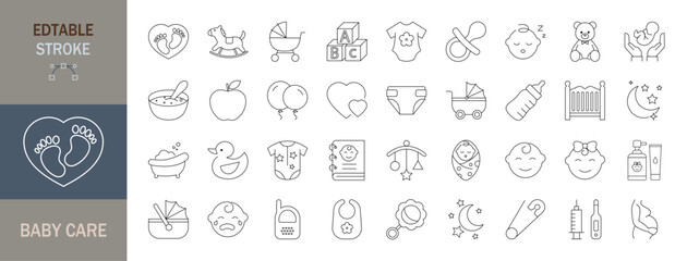 Baby care Icon set. Child, diaper, child sleeping, child care and more. . Editable line icons. Vector illustration.
