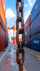 Rusty chain amidst shipping containers