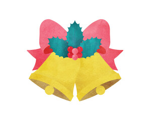 クリスマスベル クリスマスに使えるベルと柊とリボンの水彩イラスト