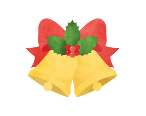 クリスマスベル クリスマスに使えるベルと柊とリボンの水彩イラスト