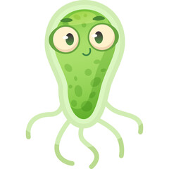 Cute Cartoon Green Bacteria Character with Big Eyes and Tentacles on Transparent Background