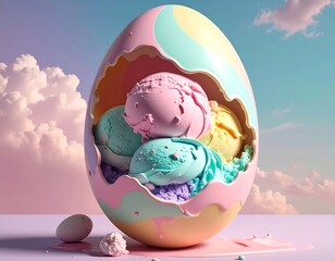 Pastel egg shell reveals ice cream scoops with whimsical sky backdrop
