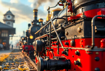 Detailed close range shot of classic locomotive cars highlighting bold colors sturdy ironwork and iconic mechanical features from the golden era of railroads and train travel