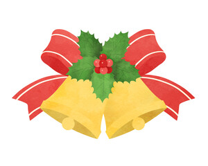 クリスマスベル クリスマスに使えるベルと柊とリボンの水彩イラスト