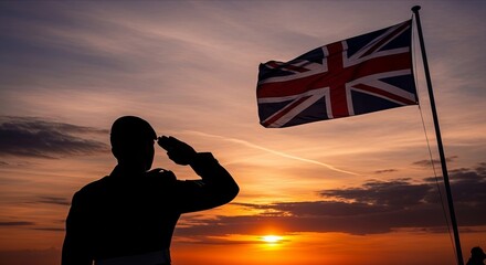 Soldier silhouette saluting at dramatic sunset, United Kingdom flag waving in the wind, patriotic holiday tribute, powerful symbolic scene