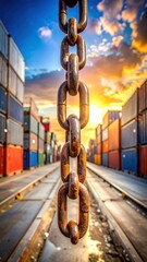 Rusty chain extends through shipping containers at sunset
