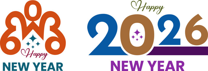 Set of Stylish 2026 Happy New Year logo text design. Trending Chinese New Year 2026 calligraphic number template for card, cover, poster and social media. Vector 2026 calligraphy in unique style