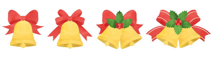 クリスマスベルのセット クリスマスに使えるベルと柊とリボンの水彩イラスト