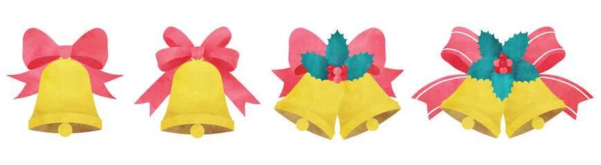 クリスマスベルのセット クリスマスに使えるベルと柊とリボンの水彩イラスト