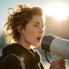 Young Woman Using Megaphone to Express Passionate Message Outdoors