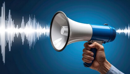 Person holds a blue and white megaphone with sound waves emanating