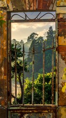 Rusty gate frame, misty mountain view