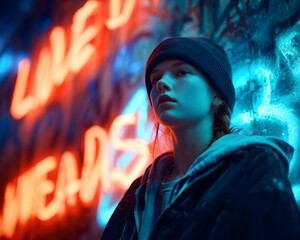 Young Person in Beanie Against Vibrant Neon Graffiti Background