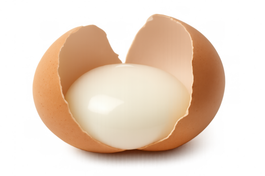 Peeled brown hard boiled egg with cracked shell revealing white albumin, cooking ingredient