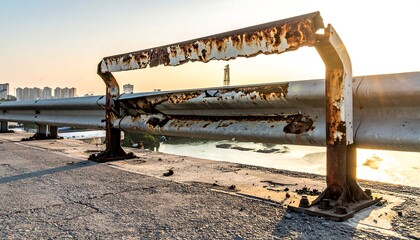 Rusty metal barrier on bridge overlooking river at sunrise