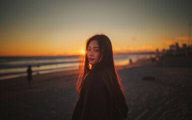 振り向く女性と浜辺の夕陽の風景