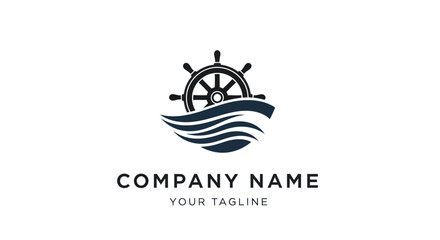Nautical ship helm logo design with ocean waves symbol.