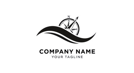 Nautical Compass Logo Design with Wavy Lines.