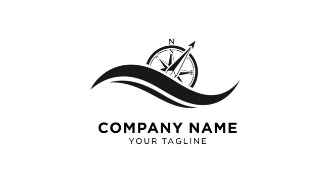 Nautical Compass Logo Design with Wavy Lines.