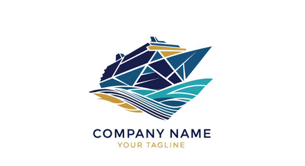 Abstract Geometric Cruise Ship Logo with Ocean Waves Design.