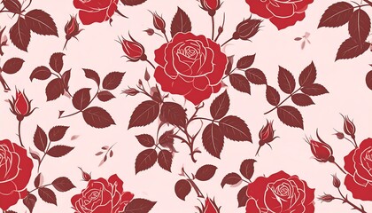 Repeating pattern of roses in shades of red on a light pink background