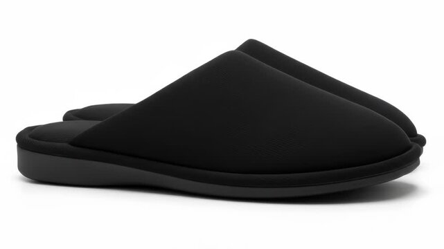 Black, solid slippers angled on a white background