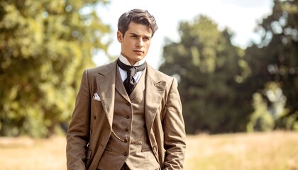Dapper man in classic suit poses outdoors on a sunny day