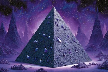 Alien Landscape With Glowing Crystal Pyramid At Night