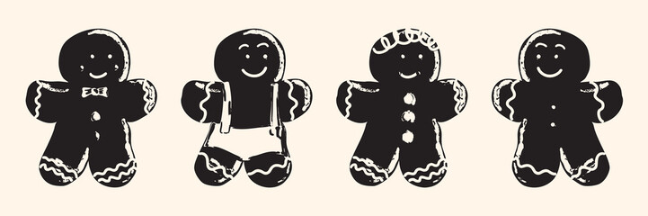 Vintage Black Gingerbread Man Set – Retro Christmas Cookie Illustration