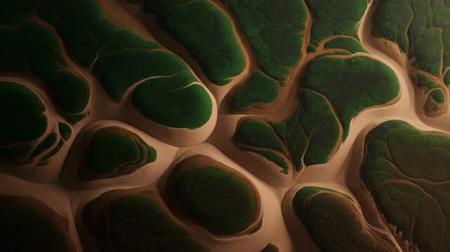 Aerial View of Land formations: The landscape presents an abstracted, organic view of land, sculpted over millennia by wind, water, and time, evoking a sense of ancient mystery and enduring beauty.