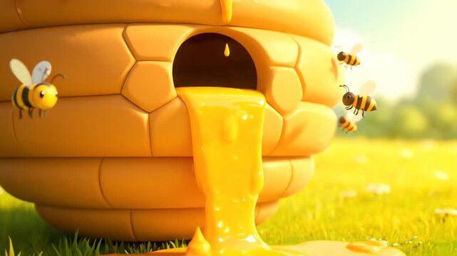 Animated honey flowing from beehive with flying bees in a sunny environment