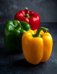 Still life featuring three vibrantly colored bell peppers