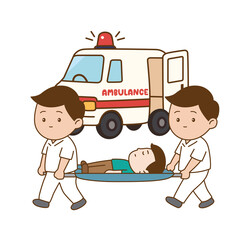 The staff transferred the patient on a stretcher to ambulance, illustration cartoon on white background