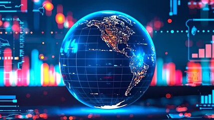 A glowing blue digital Earth globe with illuminated continents against a blurred futuristic tech background - Powered by Adobe