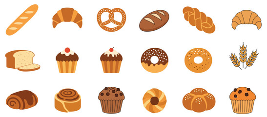 Bakery and Pastry Icon Set in Flat Design. Vector Illustration Collection of Bread, Croissants, Donuts, and Muffins for Cafe, Menu, and Web Graphics.