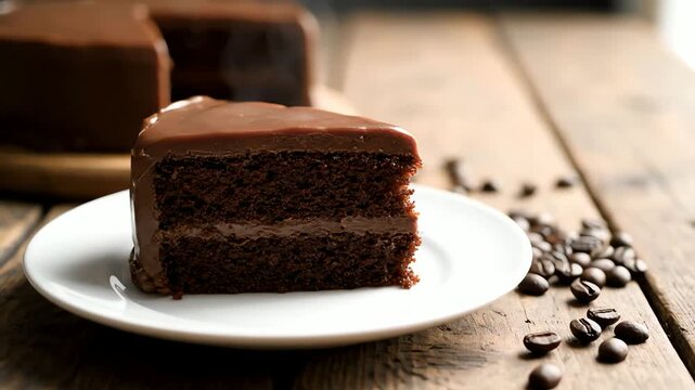 Chocolate cake slice on plate with coffee beans on wooden table