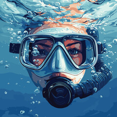 A close-up view of a snorkel mask submerged underwater, surrounded by bubbles, showcasing the clarity of the mask and the vibrant aquatic environment.   , vector style simple color