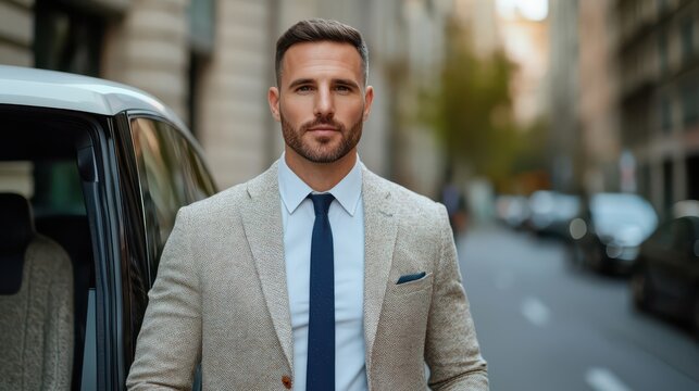 A well-dressed man stands confidently beside a vehicle on a city street, exuding professionalism and style in an urban setting.