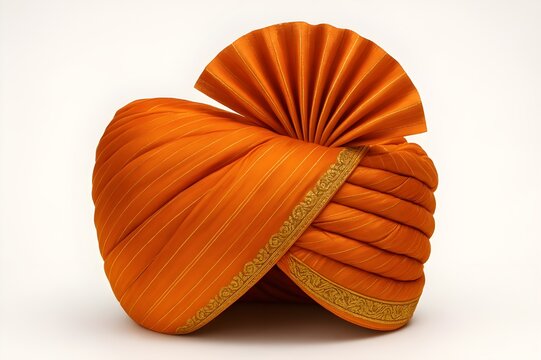 Traditional Maharashtrian Orange Wedding Turban (Pheta) Isolated on White Background