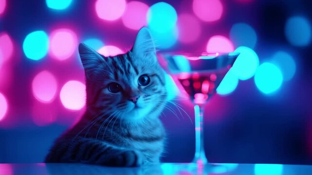 A Feline Companion Relaxing Beside a Colorful Cocktail in a Soft-Focused Background Perfect for a Fun and Playful Party Atmosphere