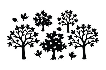 Silhouetted Trees in Autumn: Artistic silhouettes of trees and falling leaves, a serene depiction of an autumnal landscape. A stylized design for decoration or illustrative use.