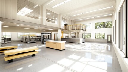 A minimalist factory design with a focus on symmetry and clean architectural elements. Product photography with high resolution, advertising style
