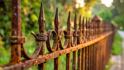 Rusty wrought-iron fence, sunlight