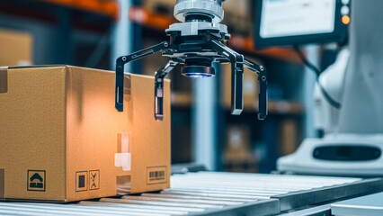 The robotic arm expertly handles a cardboard box, illustrating the precision and efficiency of modern automation in a futuristic warehouse setting.