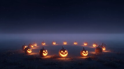 Glowing jack o'lanterns circle in a misty field under a starry night sky