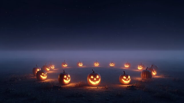 Glowing jack o'lanterns circle in a misty field under a starry night sky